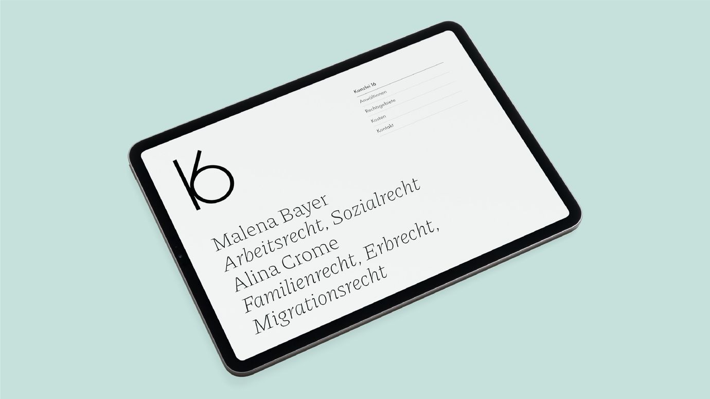 An iPad displaying a German website for law firm 16. K16 logo in the upper left corner, navigation on the right.  Below the names and areas of practice of the lawyers.