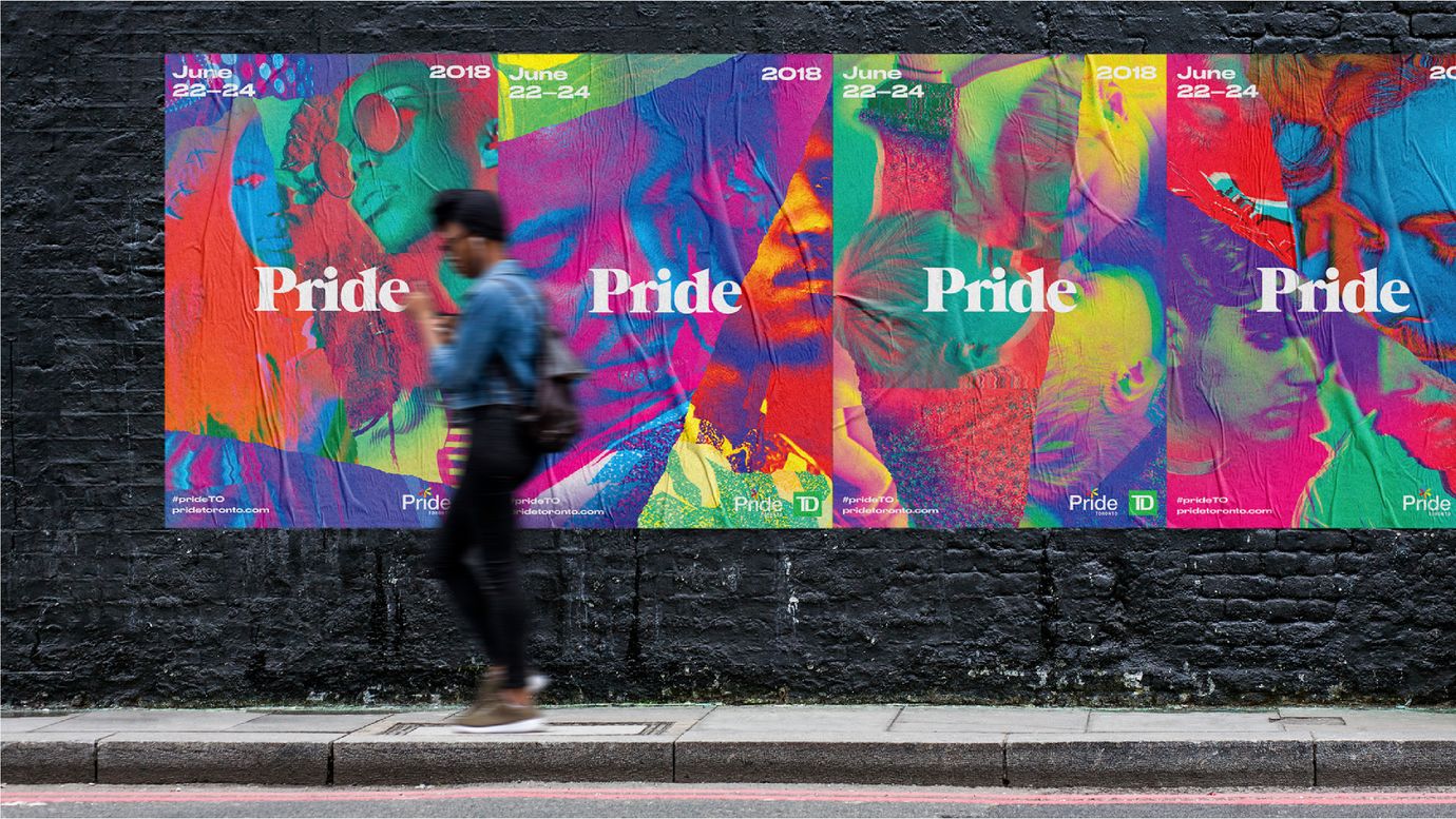 Fly posting on a wall. A colorful series of Pride Toronto posters. Vibrant collages of faces. Semi abstract. The word pride in a serif font in the center of each poster. Dates and other information in the corners. A person is passing by.